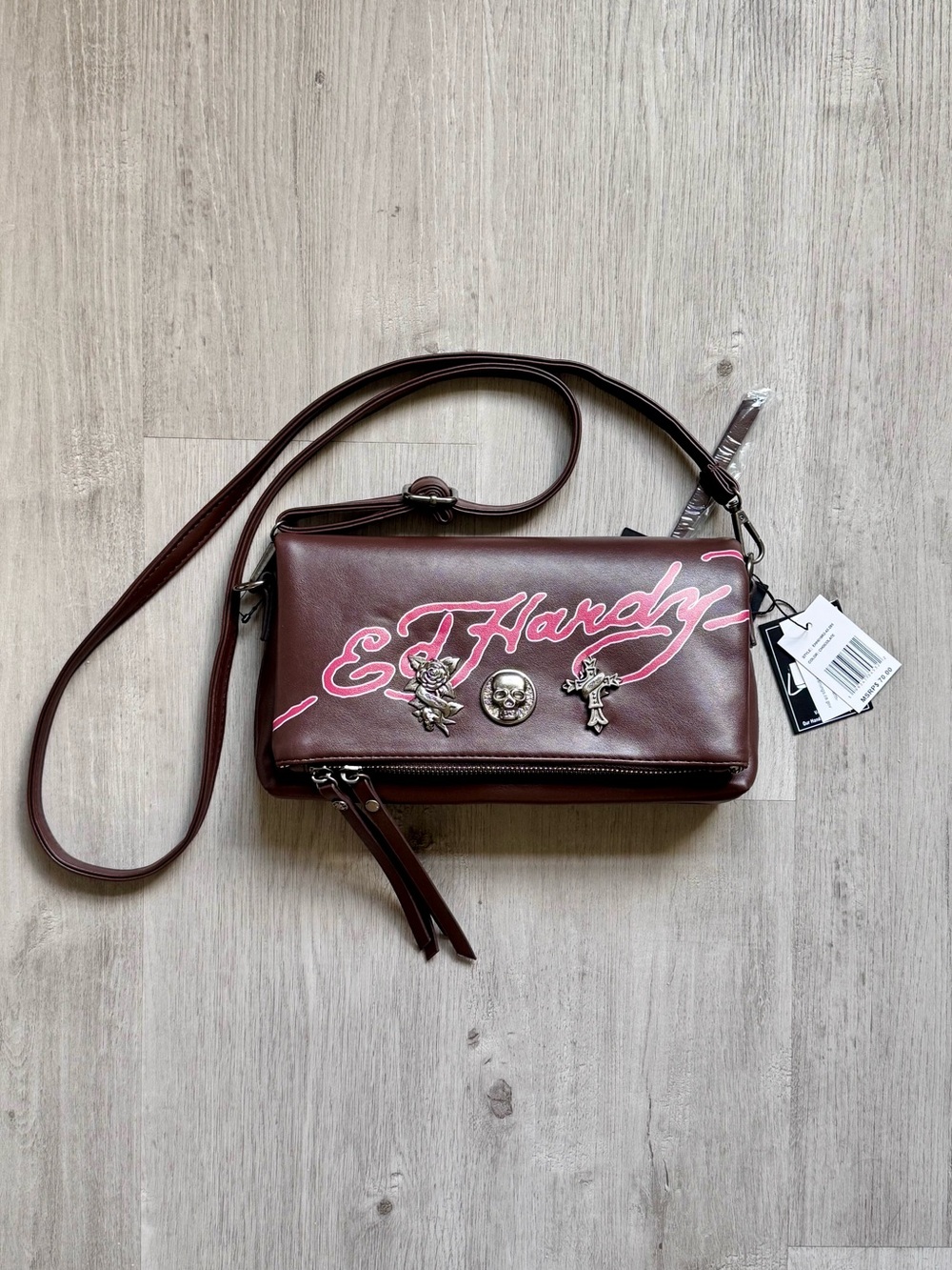 Ed Hardy Brown Crossbody Bag with Pink Script and Charm Accents